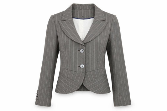 Front view of Next women’s beige striped jacket, size UK 12