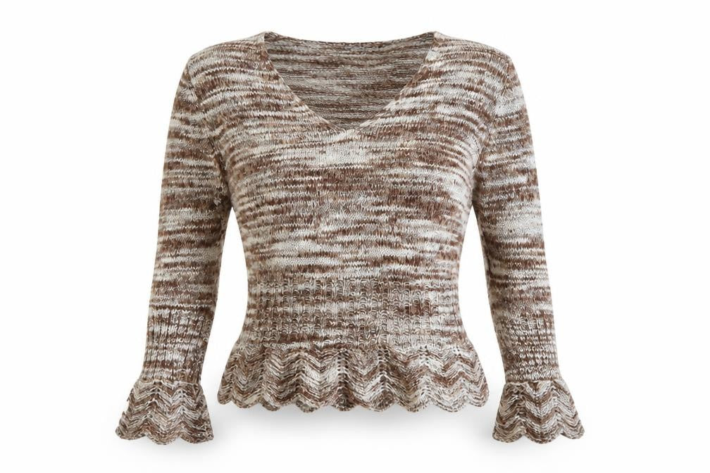 Front view of Per Una women’s brown striped jumper, size L, - shaped hem