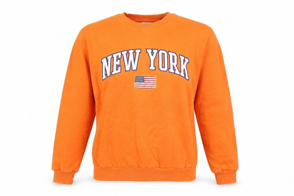 Front view of Topshop women’s orange pullover sweatshirt, size UK 6