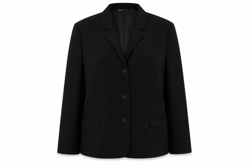 Front view of Next women’s black pinstripe jacket blazer, size UK 18