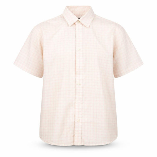 Front view of Suited & Booted boys’ pink plaid basic button-up, size 11-12, years