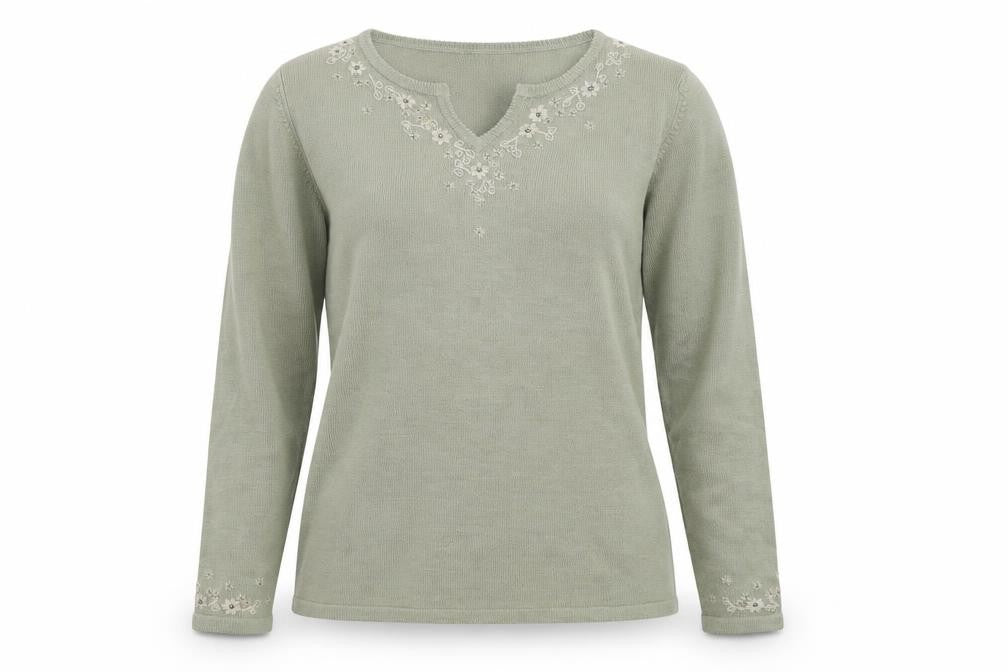 Front view of Marks & Spencer women’s green knit jumper, size UK 10