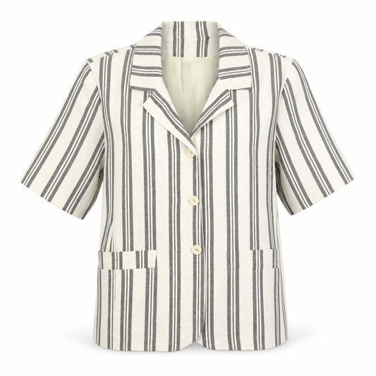Front view of Preworn women’s beige striped rayon jacket blazer, size M