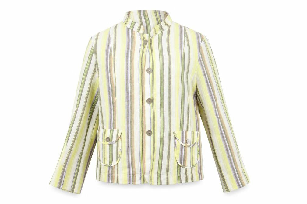 Front view of Marcona women’s yellow striped jacket blazer, size UK 10