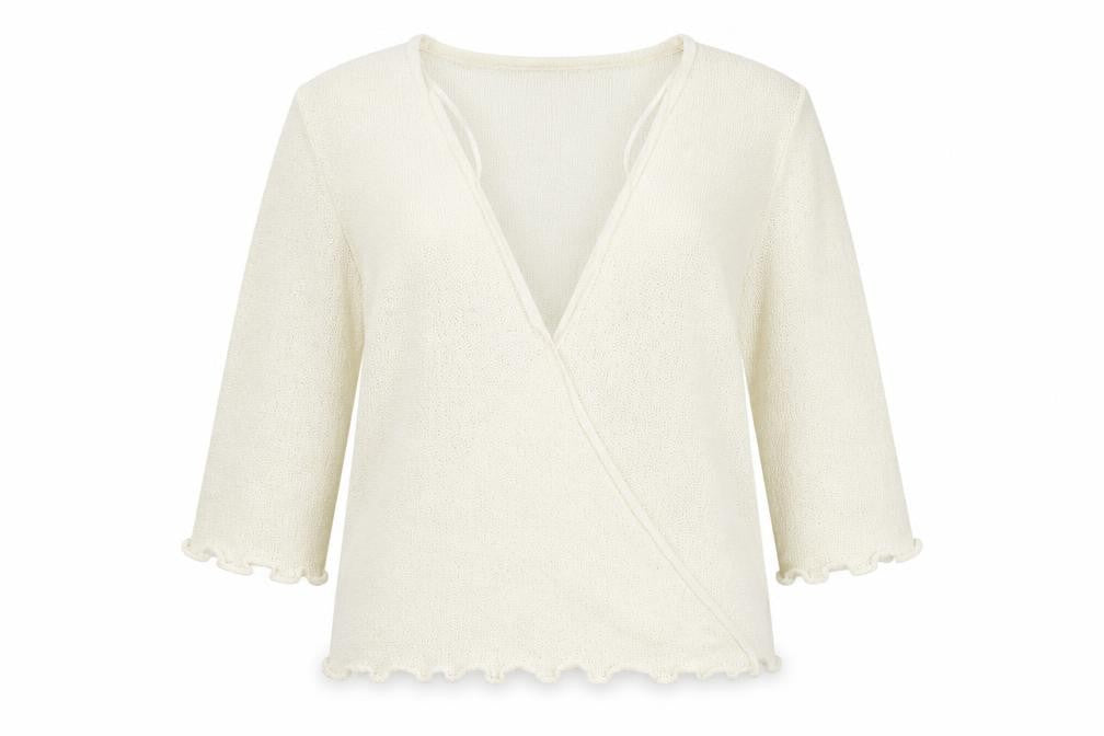 Front view of text women’s ivory wrap jumper, size L