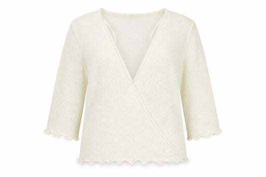 Front view of text women’s ivory wrap jumper, size L