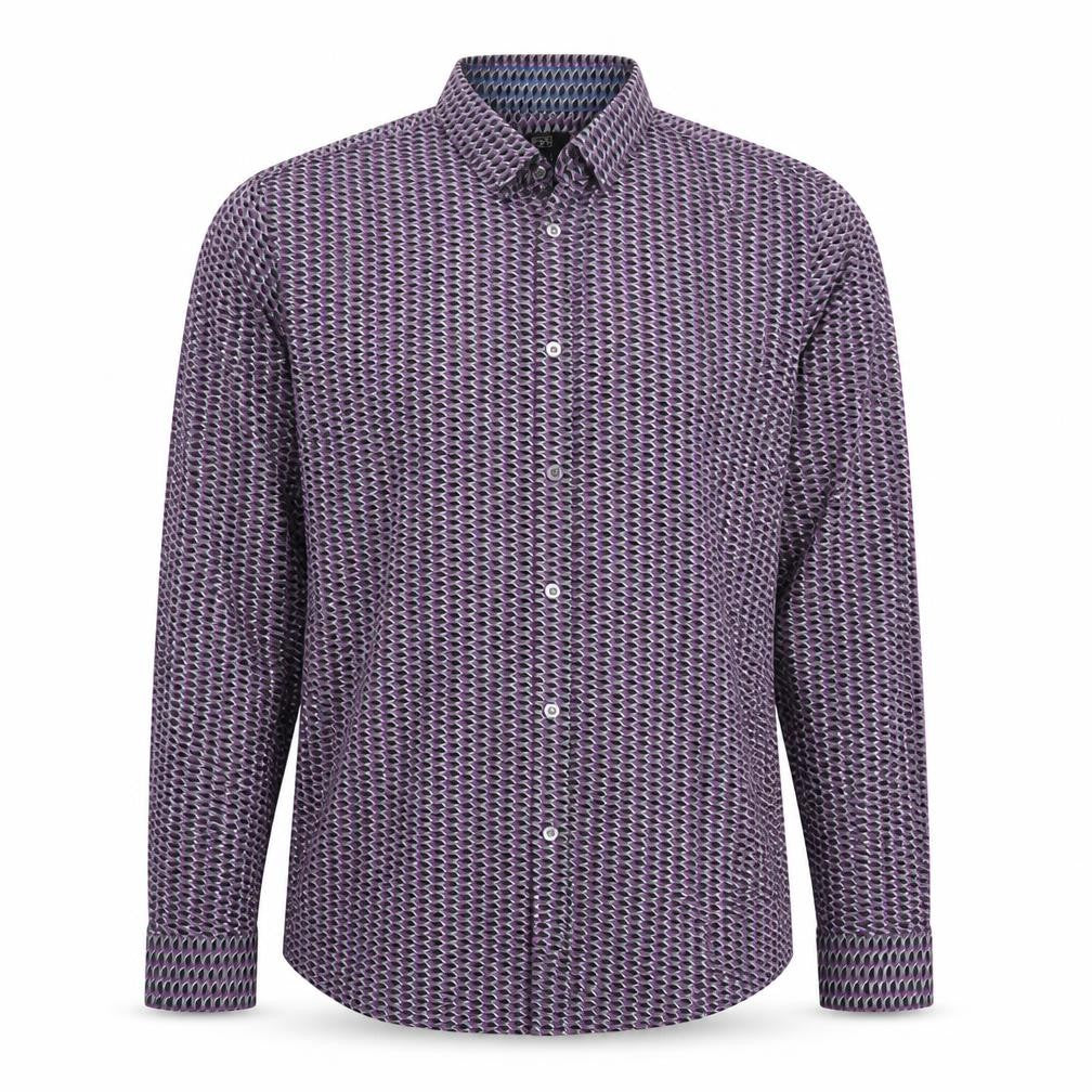 Front view of F&F men’s purple geometric button-up, size M