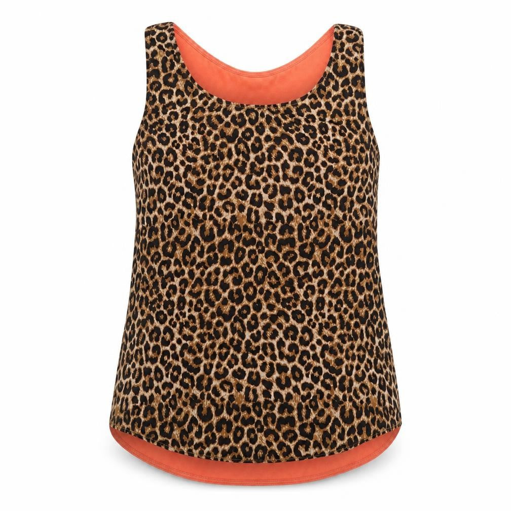 Front view of damned delux women’s brown animal print basic tank, size M