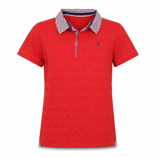Front view of Maine New England girls’ red basic polo, size 13-14, years