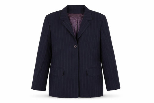 Front view of Coast women’s blue striped rayon jacket blazer, size UK 14