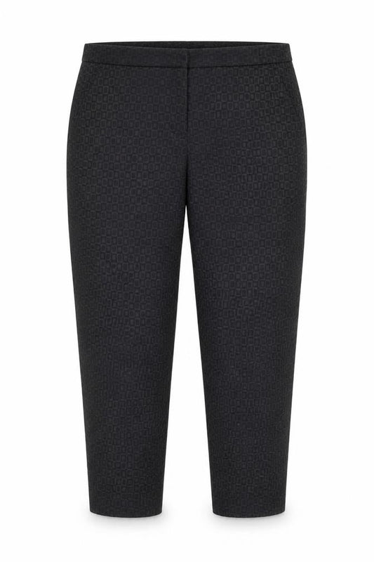 Front view of Preworn women’s grey geometric trousers, size UK 14, 28-inch leg