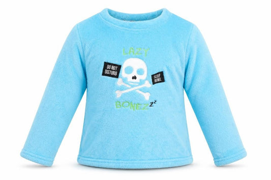 Front view of chill out boys’ blue jumper, size 6-7, years