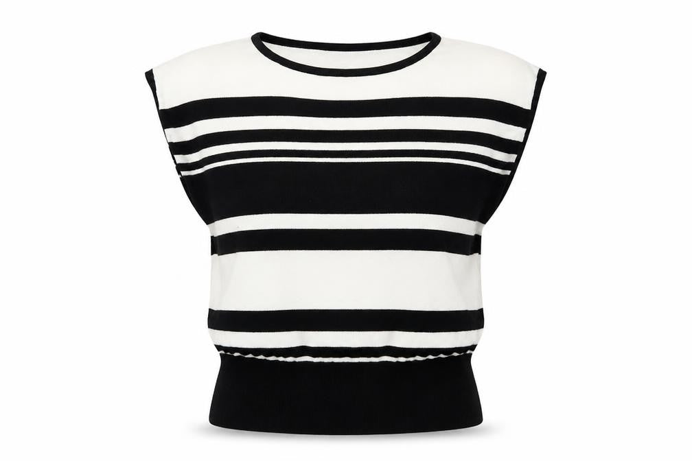 Front view of Eisenegger women’s black striped knit basic t-shirt, size L