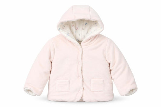Front view of Marks & Spencer girls’ pink striped velour jacket, size 3-6, months
