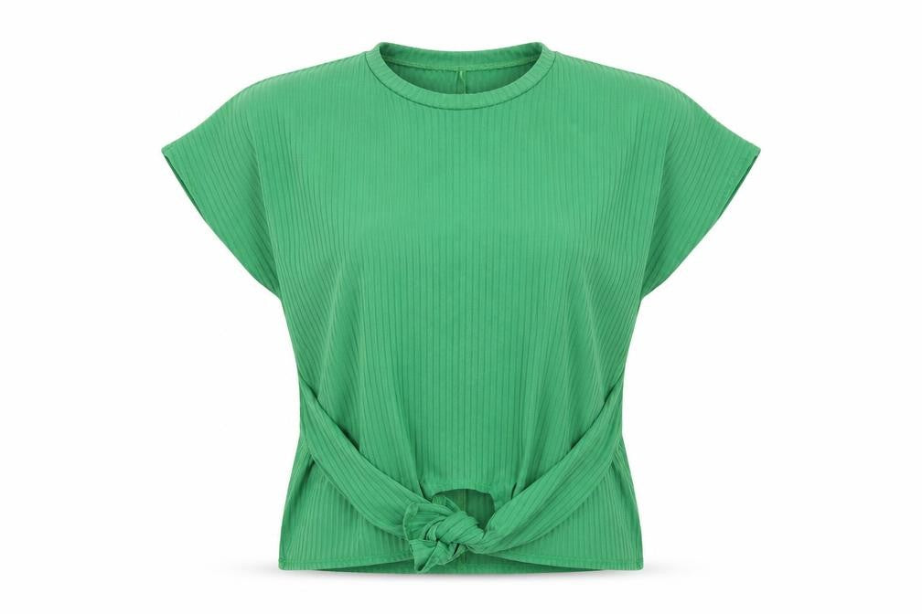 Front view of New Look women’s green striped basic blouse, size UK 10