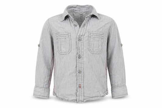 Front view of Rebel boys’ grey striped basic button-up, size 2-3, years
