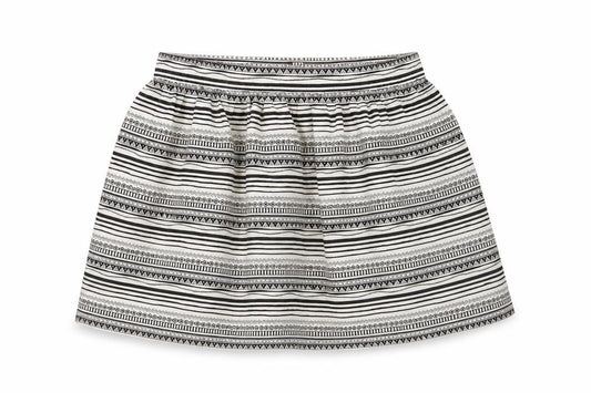 Front view of Atmosphere women’s black geometric flare skirt, size UK 8