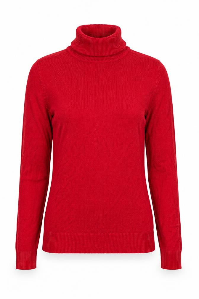 Front view of R+B women’s red knit jumper, size M
