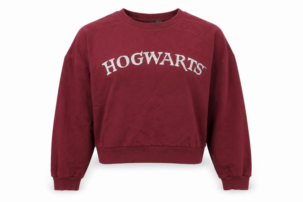 Front view of Primark women’s red pullover sweatshirt, size XS, - hogwarts