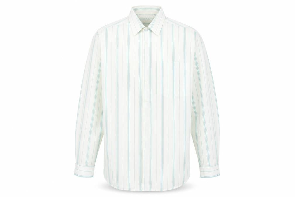 Front view of Chardonay men’s ivory striped button-up, size 16