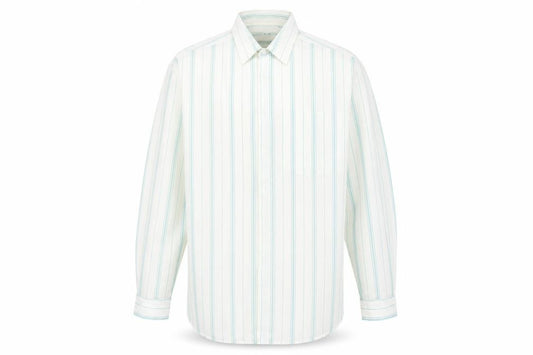 Front view of Chardonay men’s ivory striped button-up, size 16