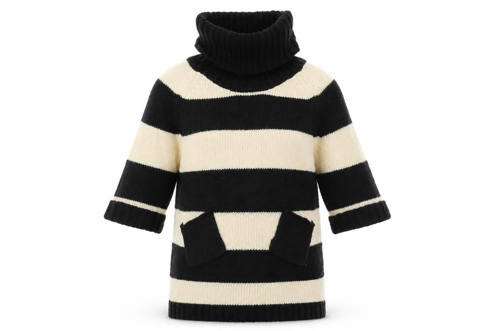 Front view of Warehouse women’s black striped jumper, size UK 10
