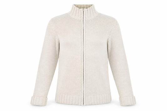 Front view of Essentials women’s beige full zip jumper, size UK 14