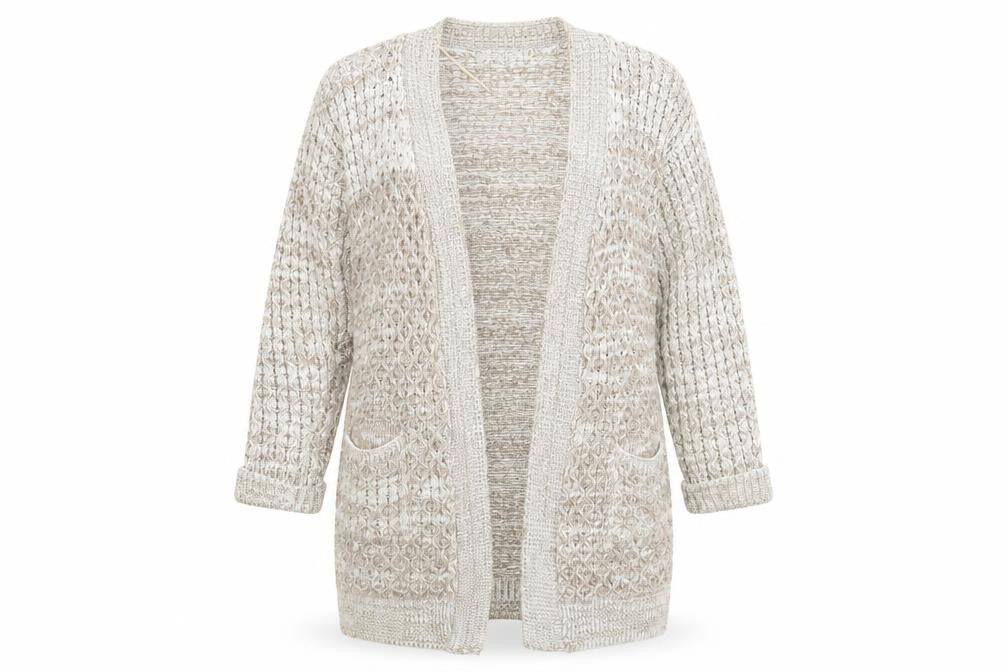 Front view of Glimpse women’s beige cardigan jumper, size L