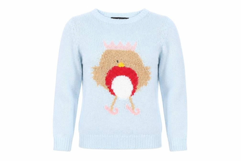 Front view of Dorothy Perkins women’s blue jumper, size UK 6, - bird pattern