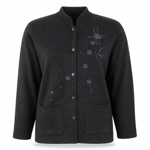 KAFTEY FASHION Womens Grey Floral  Cardigan Jumper Size L  - Embroidered flower an beading detail