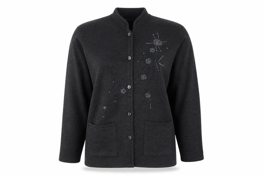 KAFTEY FASHION Womens Grey Floral  Cardigan Jumper Size L  - Embroidered flower an beading detail
