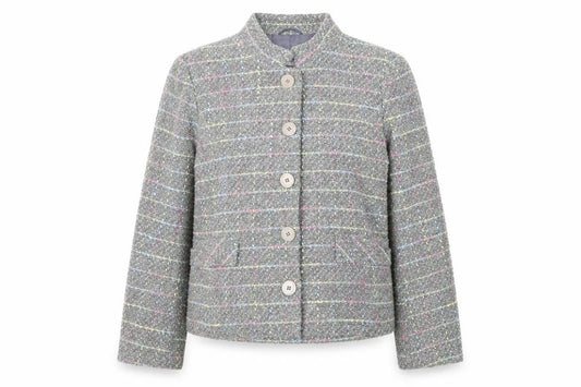 Front view of UNDER WRAPS women’s multicoloured geometric jacket, size UK 16, - pocket details on front