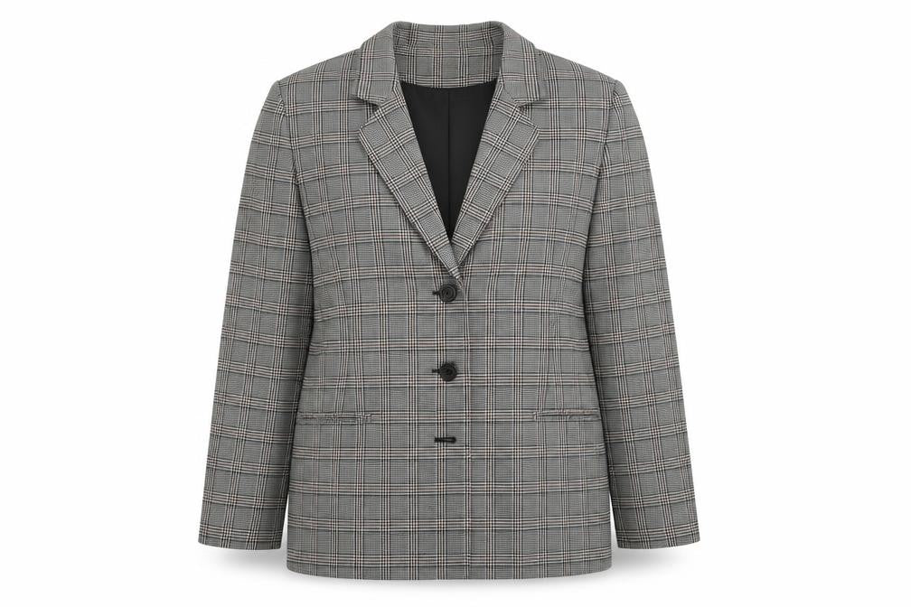 Front view of Daxon women’s grey check jacket blazer, size UK 14