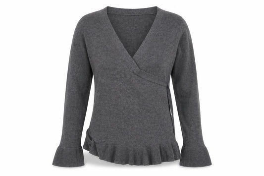 Front view of JoJo Maman Bébé women’s grey wrap t-shirt, size S