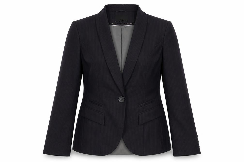 Front view of preworn women’s purple striped jacket blazer, size UK 14