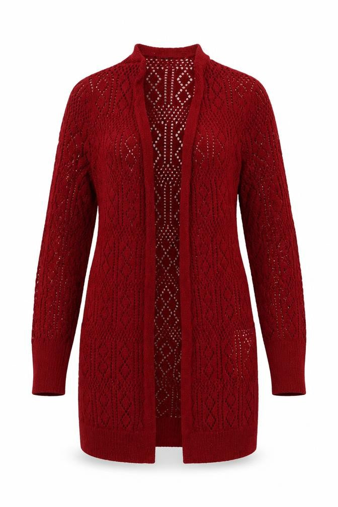 Front view of Peacocks women’s red cardigan jumper, size UK 8