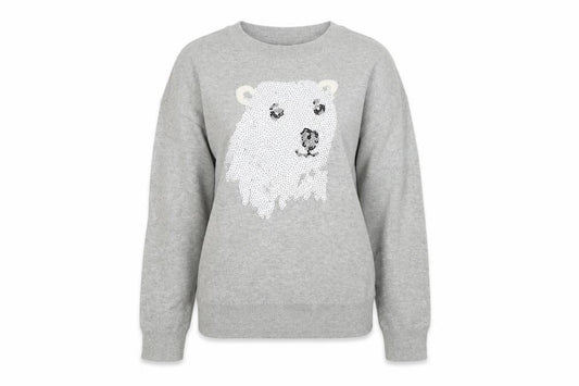 Front view of Gap girls’ grey knit jumper, size M, - polar bear