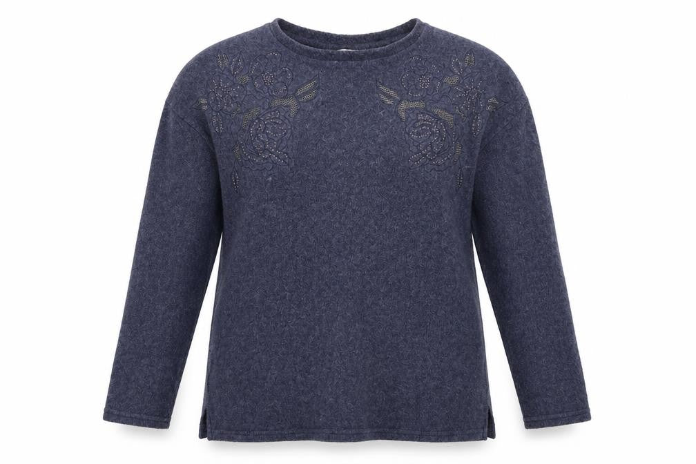 Front view of nut meg women’s blue fleece jumper, size UK 8