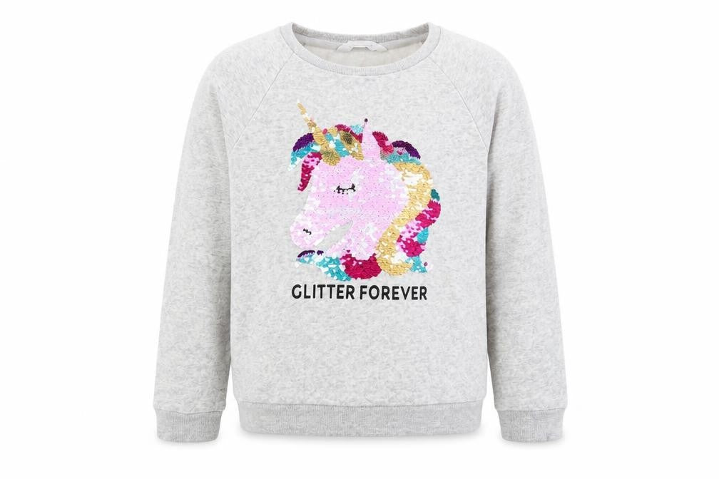 Front view of H&M girls’ grey jacquard pullover sweatshirt, size 11-12, years - unicorn