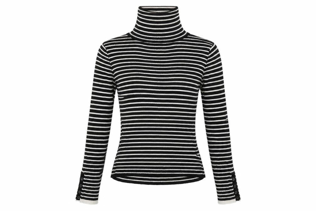 Front view of New Look women’s black striped knit jumper, size UK 10