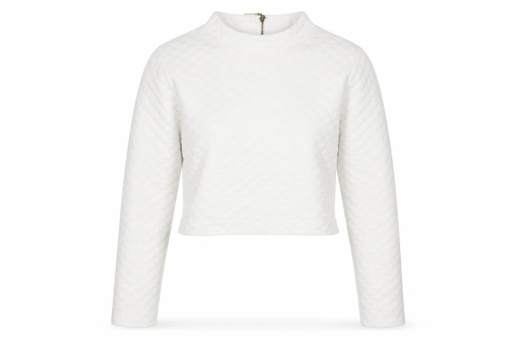 Front view of H&M women’s white pullover sweatshirt, size XS