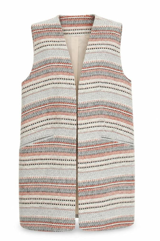 Front view of Atmosphere women’s beige geometric gilet jacket, size UK 6, - red