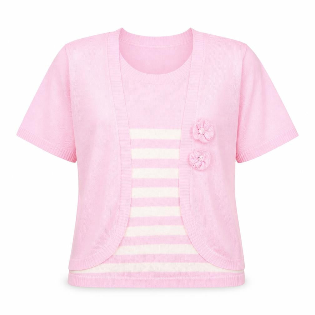 Front view of Fay Louise women’s pink striped basic t-shirt, size L
