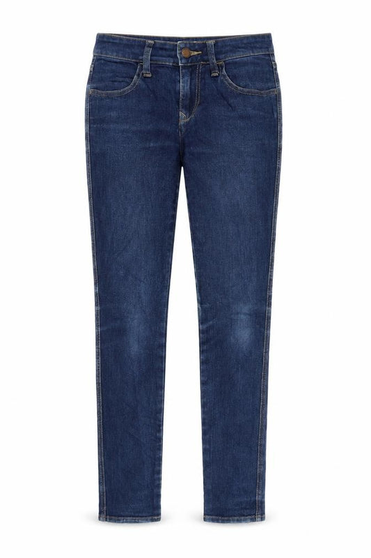 Front view of women’s blue denim skinny jeans, size UK 26, in, 30-inch leg