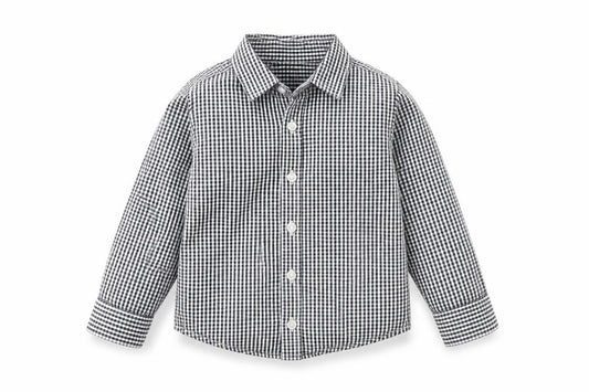 Front view of Next boys’ black check basic button-up, size 2-3, years