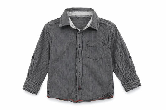 Front view of Urban Rascals boys’ grey striped basic button-up, size 2-3, years