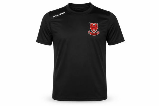 Front view of Stanno boys’ black jersey t-shirt, size 12, years