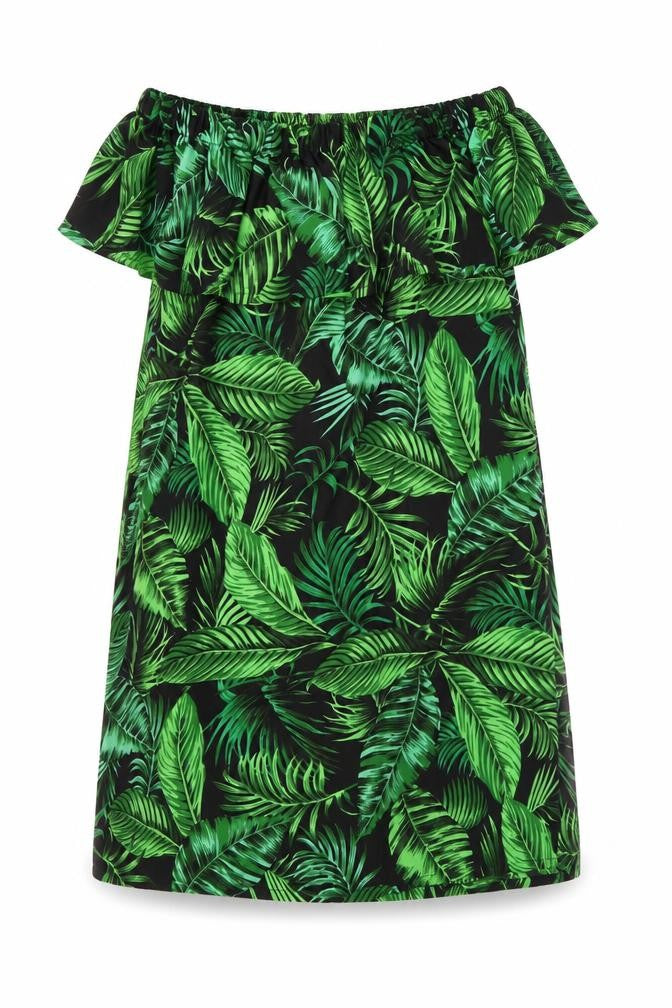 Front view of Primark women’s black floral shift, size XS, - leaf pattern