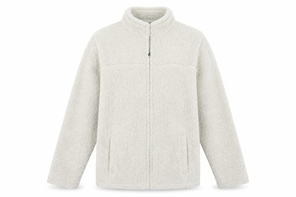 Front view of EWM women’s beige full zip jumper, size M