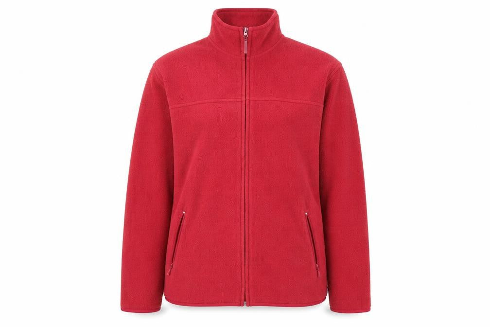 Front view of EWM women’s red full zip jumper, size M, - fleece